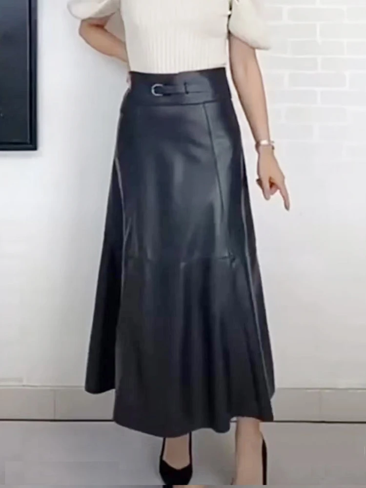 Wide Waistband Leather Skirt for Women 2024 European Trends Front Slit Large Hem 90 cm Long Jupe 100% Sheepskin Faldas Largas