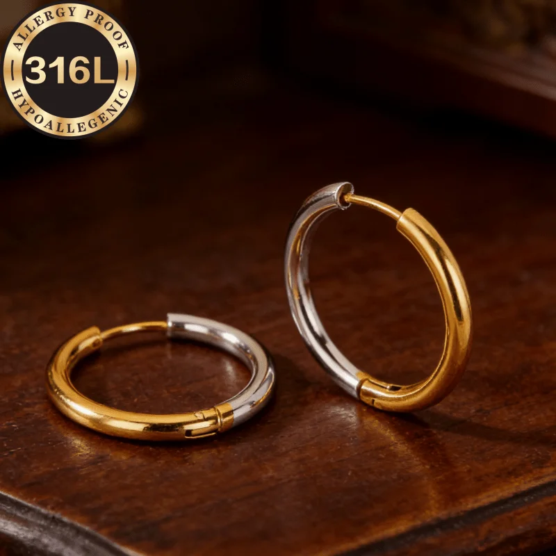 Pendientes dorados hipoalergénicos de acero inoxidable de alta calidad, forma de anillo liso, combinación de oro y plata, antidesvanecimiento.