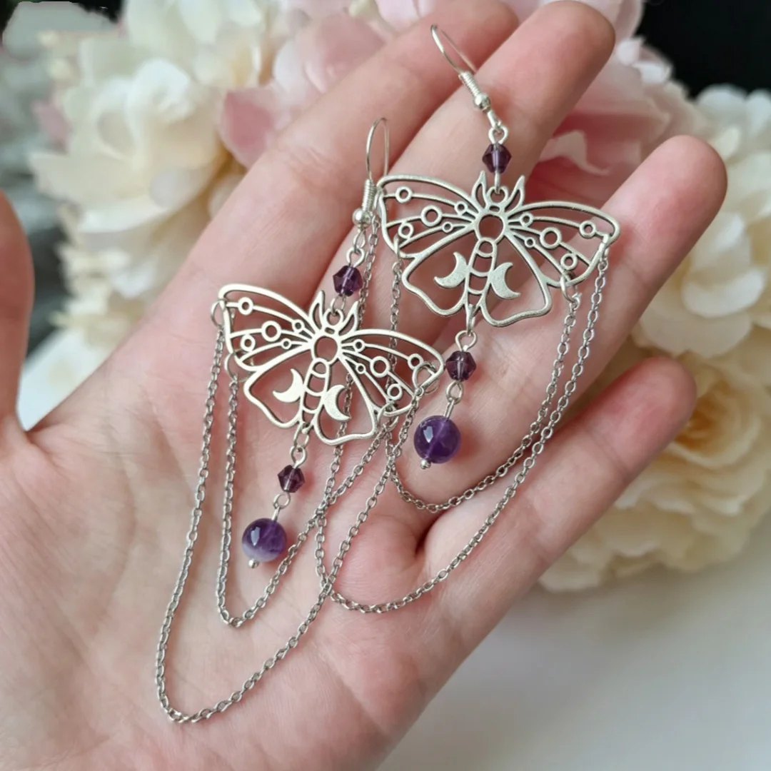 New Arrival Moth with Chain Purple Bead Earrings, Fantasy Starry Sky Inspired Fashion Statement Ear Jewelry for Women