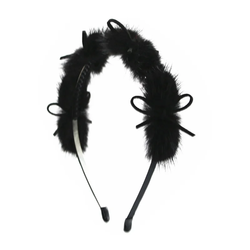 

New genuine fur pomp bow with gems elegant mink bow girls headband fashion women romantic winter hair accessories