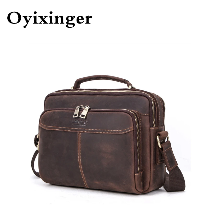 OYIXINGER-Bolsa de Ombro de Couro Genuíno para Homens, Pequenos Sacos Crossbody Cavalo Louco, Bolsas Mensageiro Masculinas, de Alta Qualidade, Novos