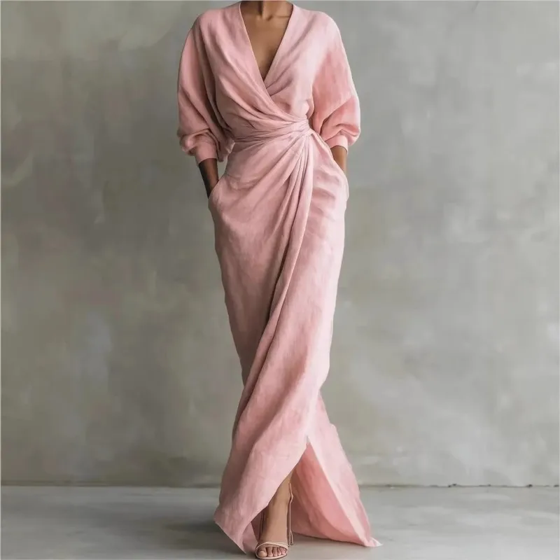 Vestido Largo Bohemio Casual para Mujer, Elegante, con Cuello en V, Bolsillos, Maxi Vestido de Primavera de Manga Larga, Cintura Alta, Drapeado, para Fiesta