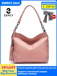 Zency Elegant Leather Bag For Women 100% Cowhide Leather Shoulder Bag Handbag Crossbody Bag Large Capacity Tassel Hobo Bags