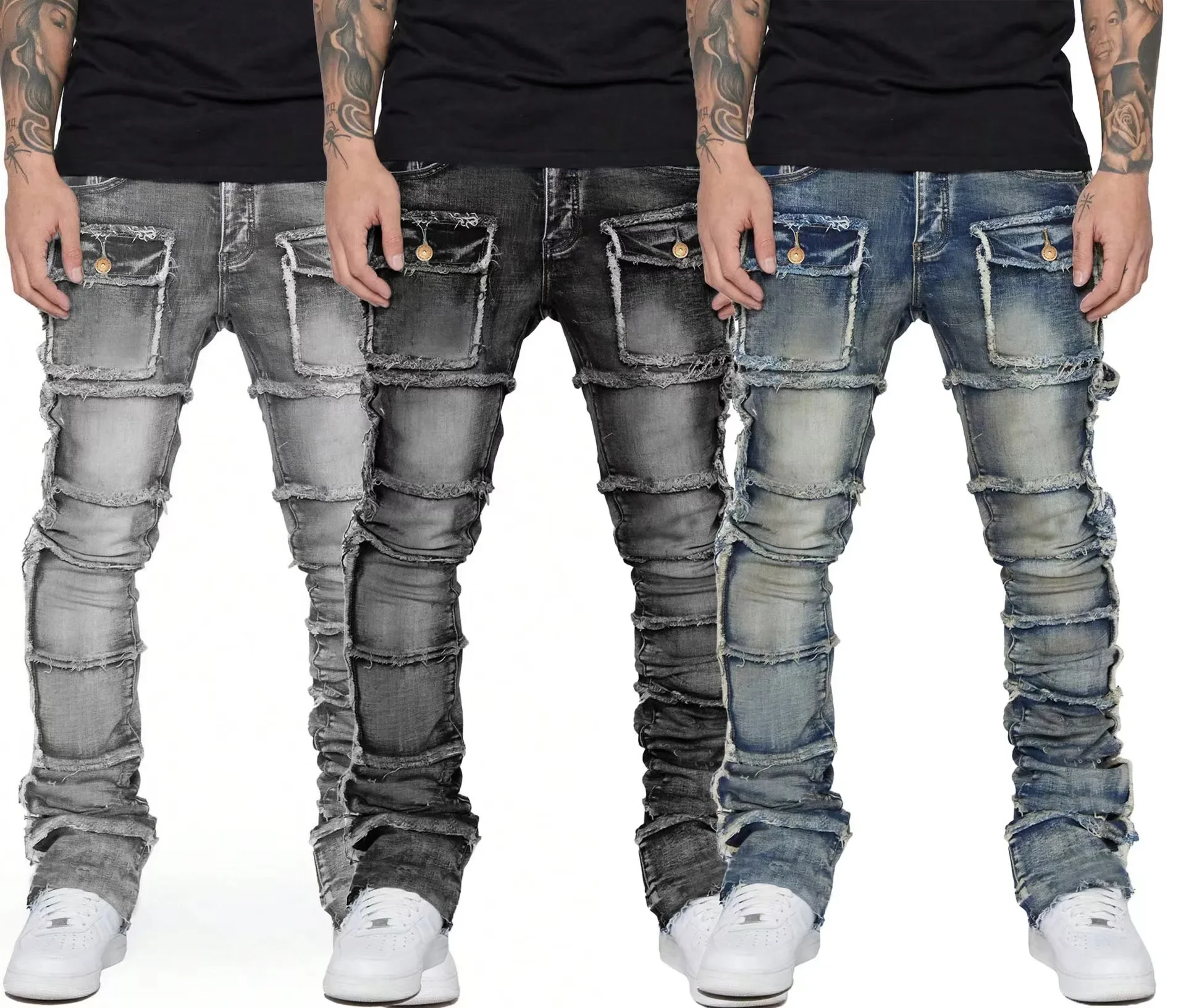 

New Men Ripped Stacked Jeans Distressed Slim Fit Skinny Straight Leg Jeans Fashion Hip Hop Denim Pants Casual Streetwear