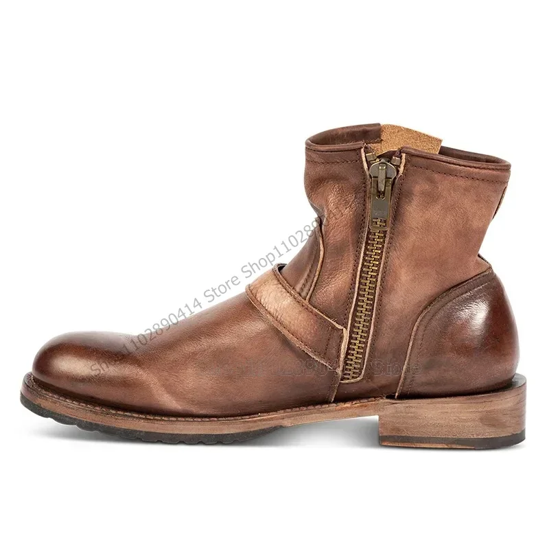 

Brown Fastener Belt Decor Round Toe Boots Fashion Slip On Men Boots Luxury Handcraft Party Feast Banquet Office Men Dress Shoes