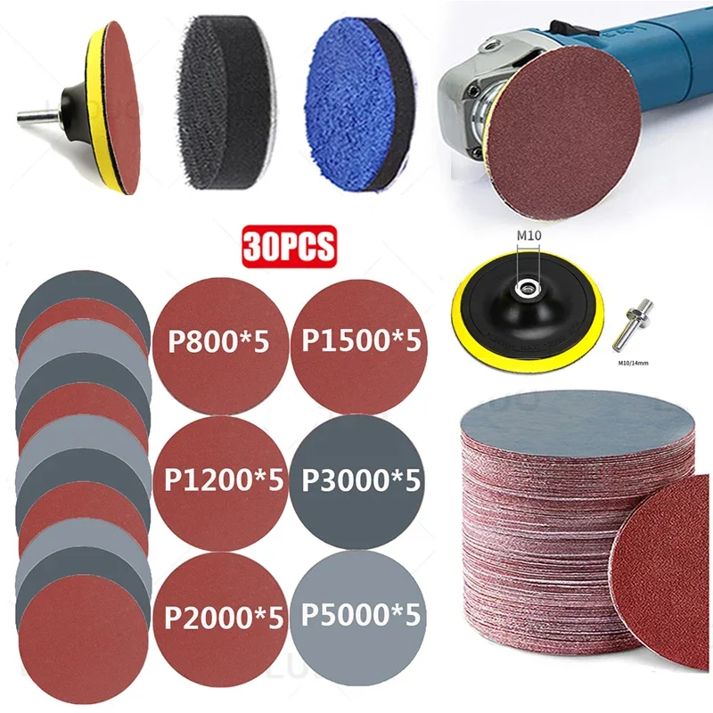 30/15PCS Sandpaper Hook and Loop Sanding Discs 3/4/5/6 Inch Polishing Pad Self-adhesive Flocking Grinding Sandpaper 800-Grit