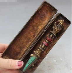 Tibet Turquoise Coral Bronze Inlay Jewel Faqi Phurba Dagger Holder With Box