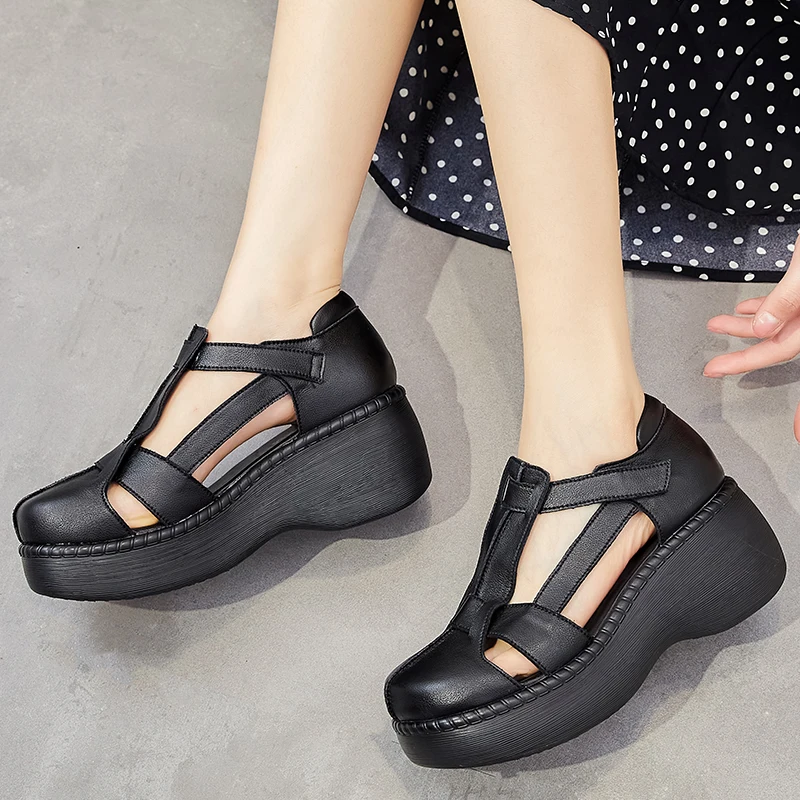 DRKANOL Fashion Retro Summer Shoes Women Wedges Sandals Handmade Genuine Leather Hollow Platform Casual Sandals Female Black