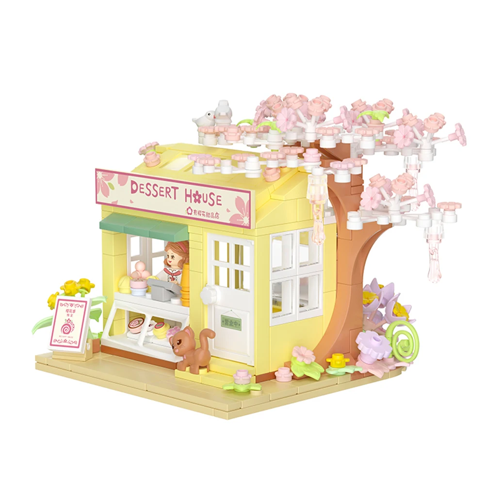 Cherry Blossom Dessert House Building Blocks Sakura Flower Pink Tree City Street View Bricks DIY Model Toys For Kid Gift