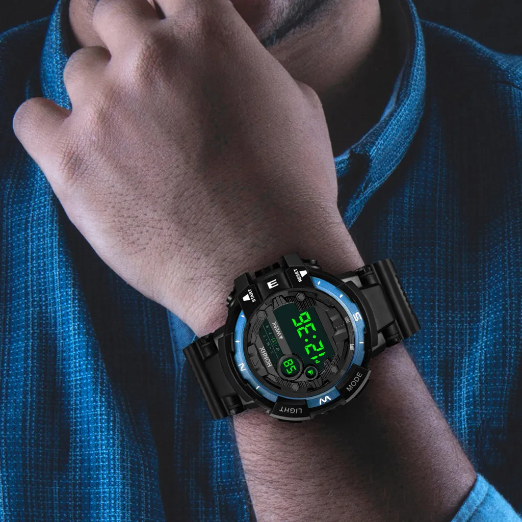 Homens à prova d'água LED Digital Quartz Watch, Militares, Esporte, Borracha, Alarme, Data, Moda