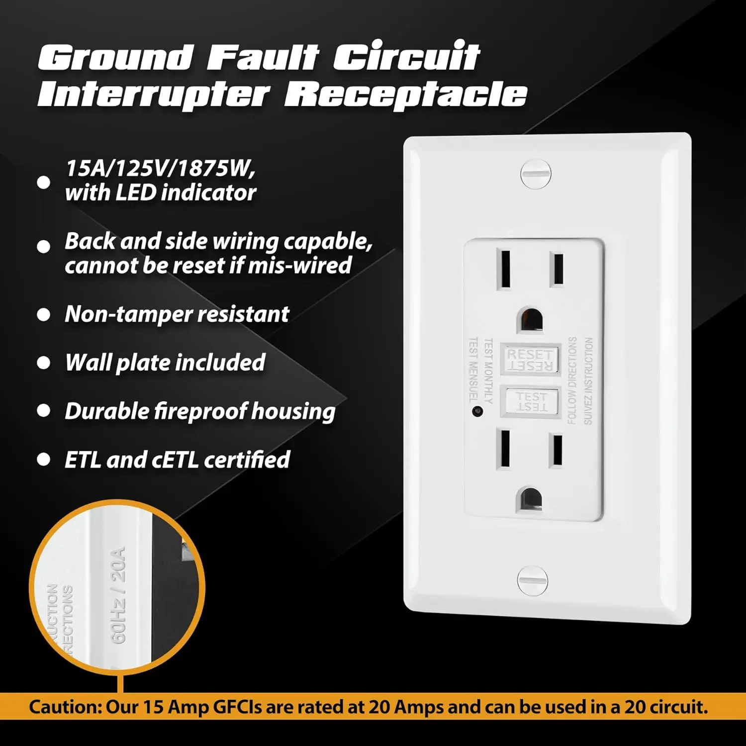 10-pack GFCI socket 15 amp, tamper-proof, decorated GFI socket, LED indicator, ground fault circuit interrupt