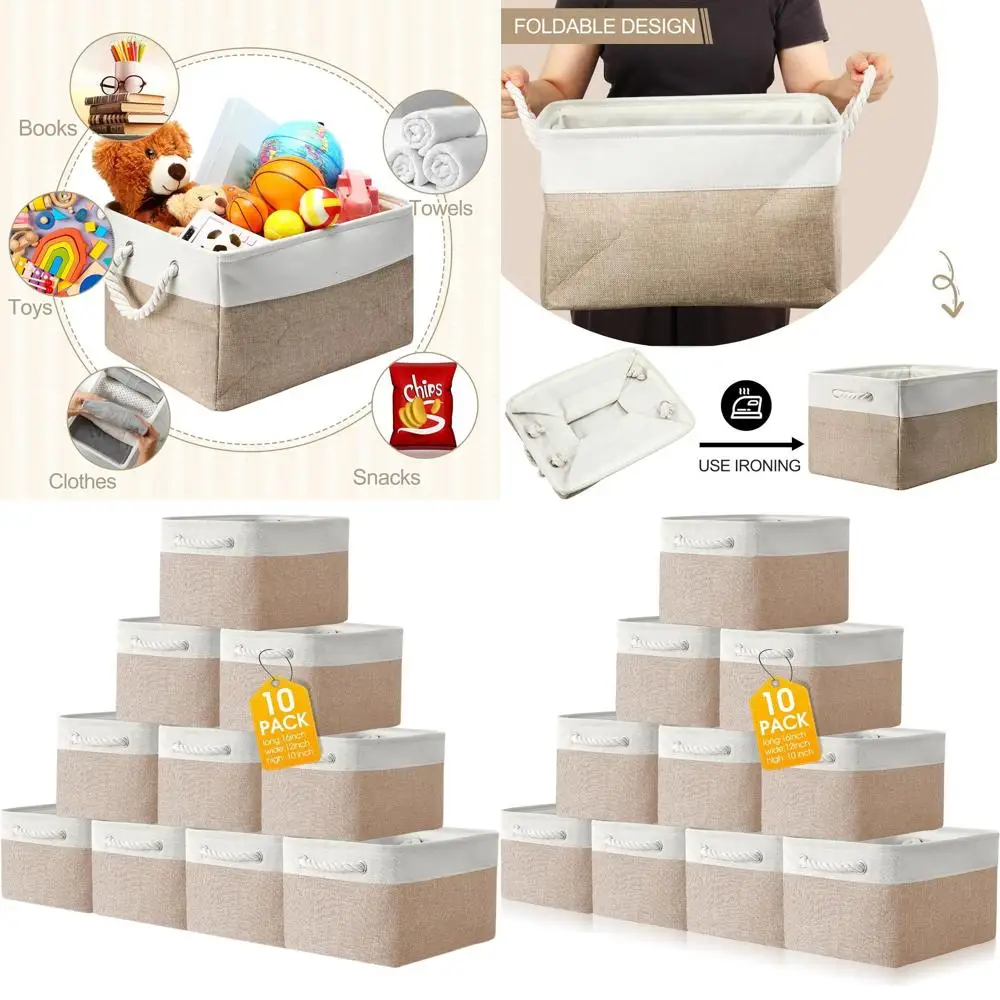 

Large Collapsible Fabric Storage Baskets with Handles - Decorative Bins for Organizing Shelves, Toys, and Clothes (White & Beige