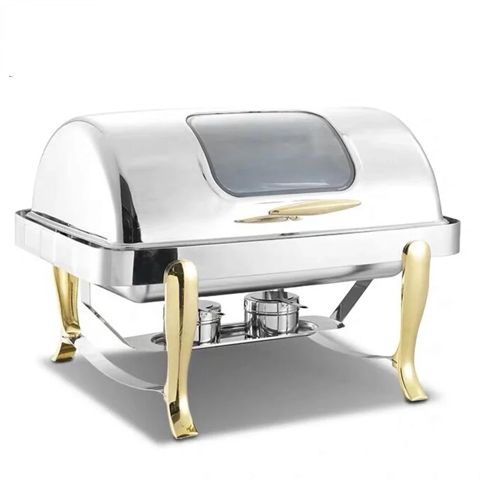 Hotel resort catering food golden round roll up chaffing dishes flip cover visible yellow gold roll top chafing dish buffet