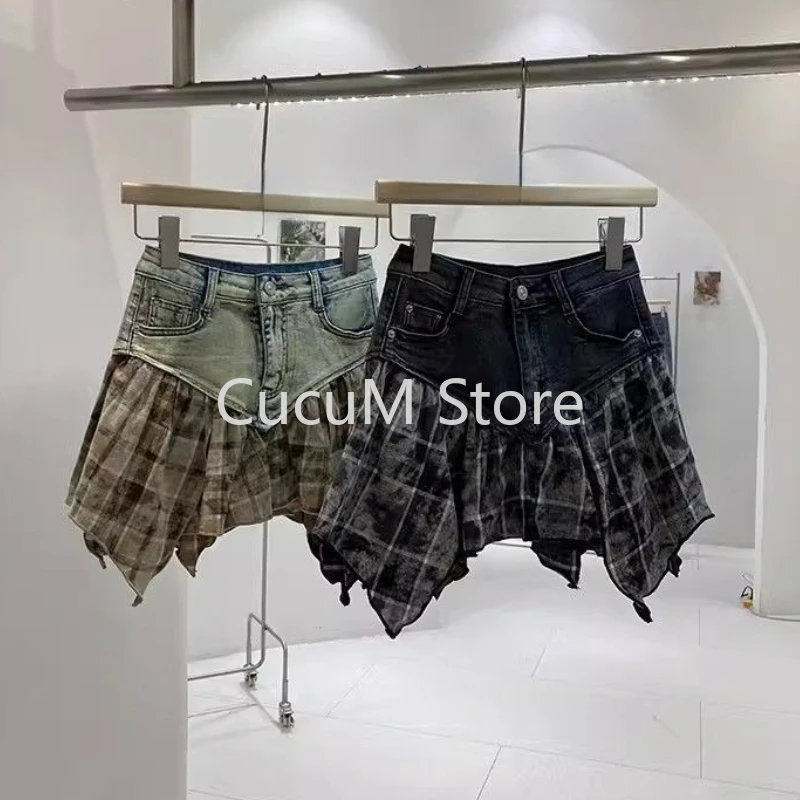 Rok Denim Splice wanita, musim panas 2000s Pedas gadis rok Denim wanita serbaguna kasual mode pinggang tinggi pelangsing A-line rok kotak-kotak pendek Chic