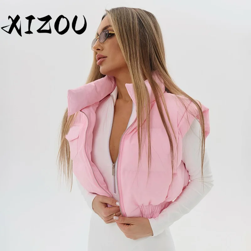 

XIZOU Casual Zip Crop Coat Women Warm Stand Collar Elastic Hem Pocket Basic Winter Streetwear Quilted Warm Vest Jackets