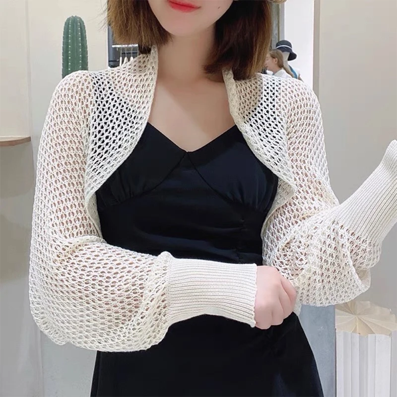 Summer Women Solid Color Hollow Out Long Sleeve Sunscreen Loose Knitted Cardigan