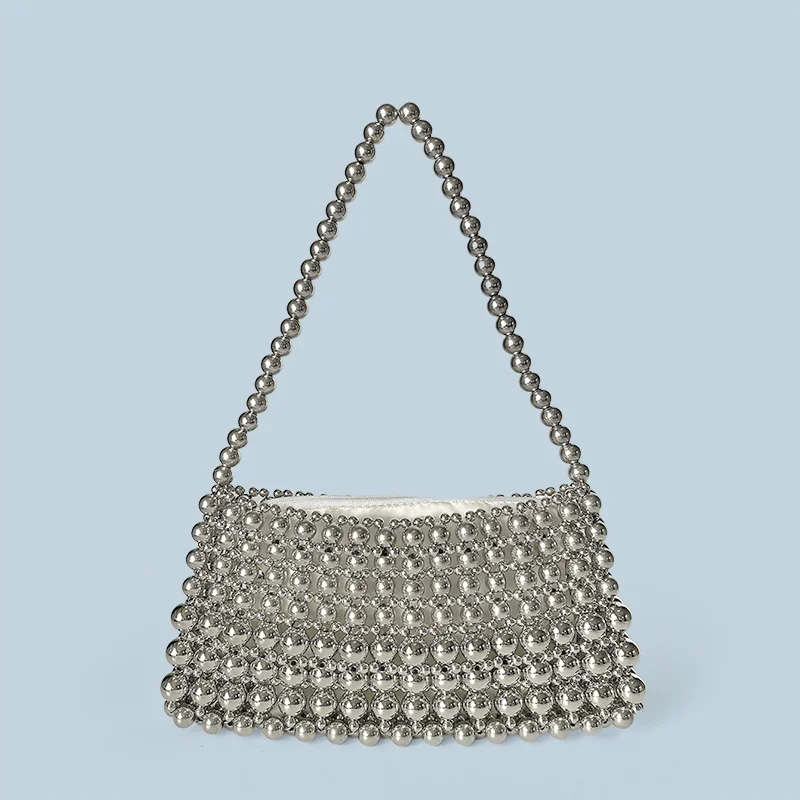 New handmade bead woven shoulder bag, simple and versatile handbag, silver bead boat bag