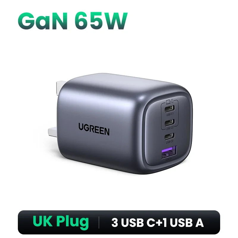 UGREEN 65W GaN-oplader 4 poorten USB C snellader Quick Charge 3.0 PD 3.0 voor Macbook Air Laptops Tablet iPhone 16 15 14 Pro Max