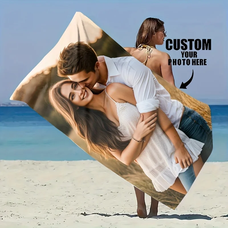 Custom Couple Photo Beach Towel Personalized Picture Print Soft Quick-Dry Large Bath Towel for Travel Swim Pool Gift