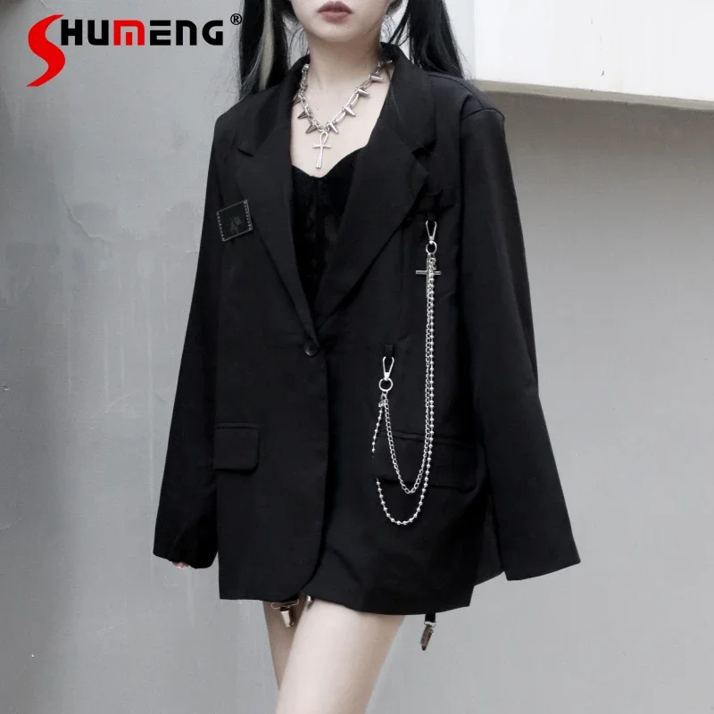 

Original Black Suit Jacket Womens 2024 Autumn Loose Chain Harajuku Casual Streetwear Long-sleeved Suit Blazer Office Ladies Top