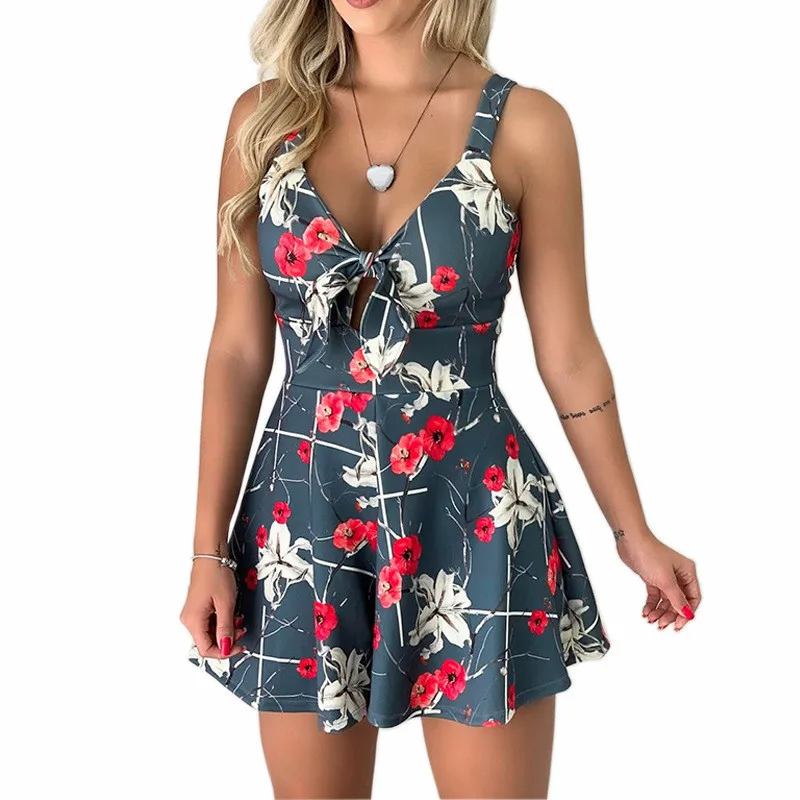 Sexy Hollow Deep V-neck Print Jumpsuit For Women Fashion Sleeveless Lace Up Slim Short Playsuits Lady Beach Vacation Jumpsuits