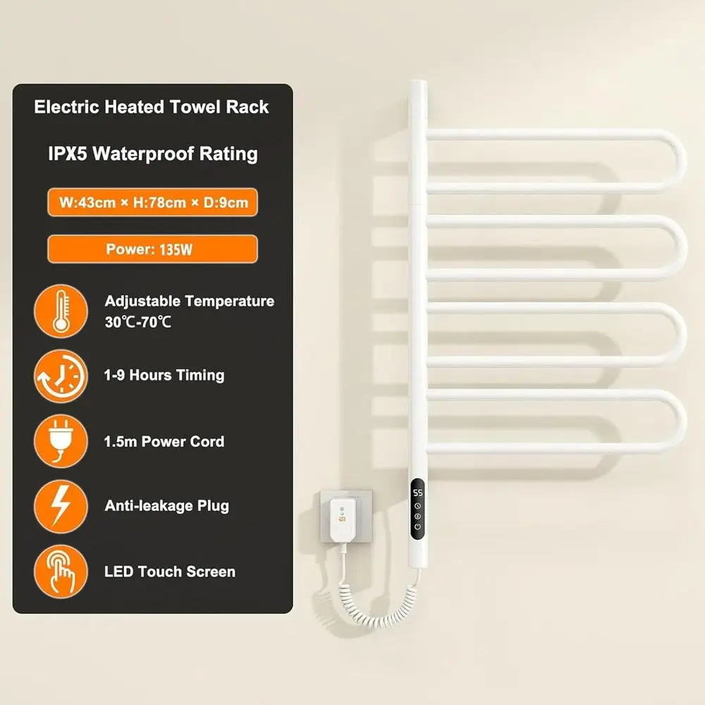 전기 타월 워머 회전 가능 180도 ° 타이머와 스마트 온도 조절 기능이 있는 타월 건조대, 전기식 타월 랙