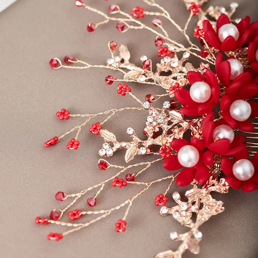 

Handmade Pearl Bride Headdress Red Flower Hair Insert Comb Durable Lightweight Hair Accessories Wedding Prom Handmade Comb
