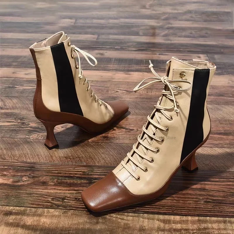 Beige Cross Tied Square Toe Boots Mid Calf Matte Leather Women Shoes Retro British Style Novel Fashion 2023 Zapatos Para Mujere