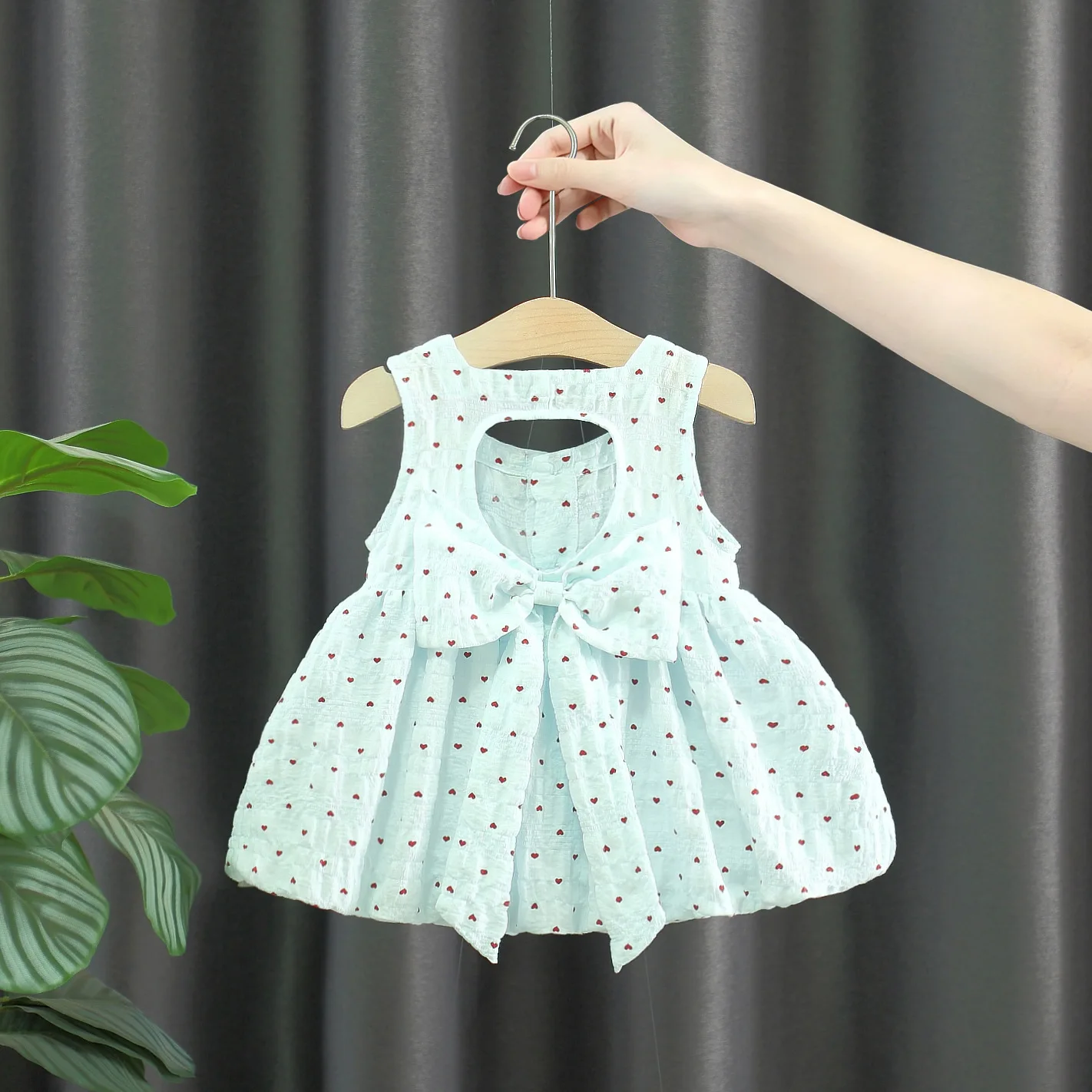 Baby Girl Sleeveless Dress Sweet 3D Flower Decor Bow Red Heart Print Dress Summer Breathable Infant Playwear