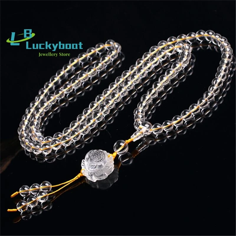 6A Natural 8mm Clear White Crystal Beads 108 Rosary Mala Multi-circle 108 Bracelets for Men or Women Long Yoga Lotus Necklace