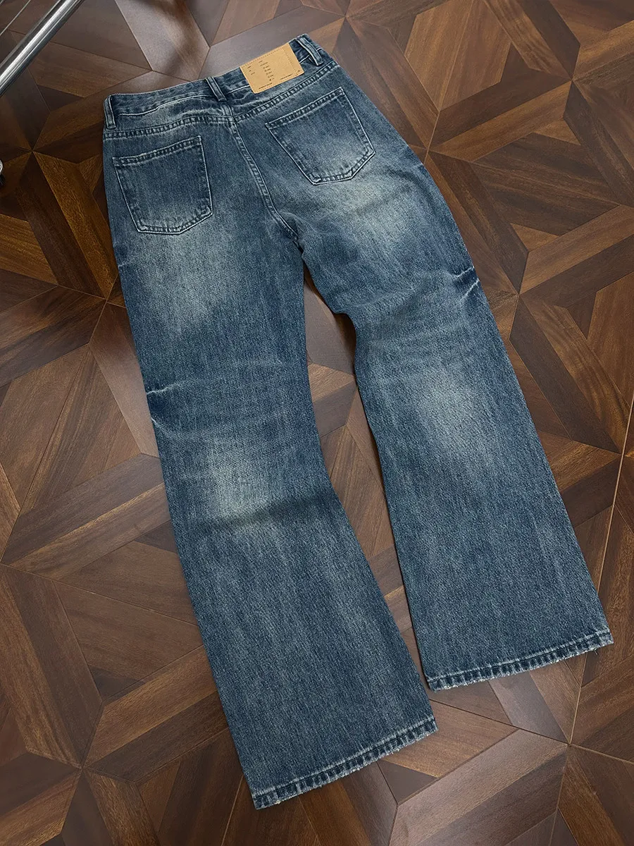 American High Street Retro Straight Leg  Blue Jeans Men Women a Line Washed Slimming Stretch Casual Long Trousers