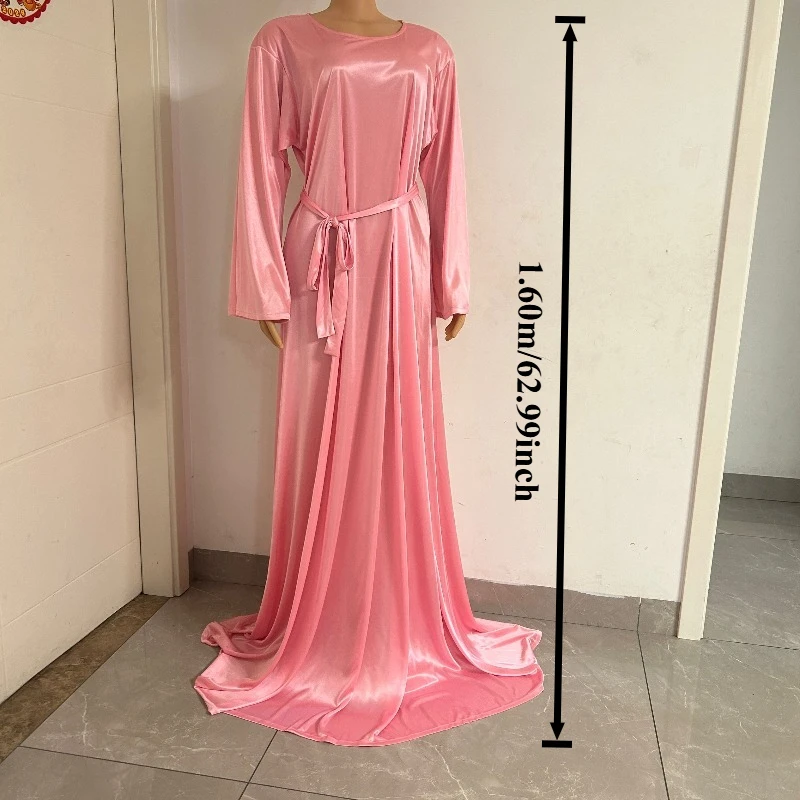 Bata de dormir rosa de 1.2-2m, brillante, sexy, para hombre y mujer, de satén, suave y sedoso al tacto, vestido largo de manga larga, holgado, talla grande.