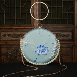 Cape-Bay Chinese Retro Cheongsam Bag Women's Bag Classical Beauty Chinese Suzhou Embroidery Lotus Pattern Fabric Bag Hard Shell Metal Trim Small Round Bag Light Blue Casual Mini Bag Women's Bag Evening Banquet Party Artistic Style Chain Bag Shoulder Bag Crossbody Bag Niche Favorite Bag