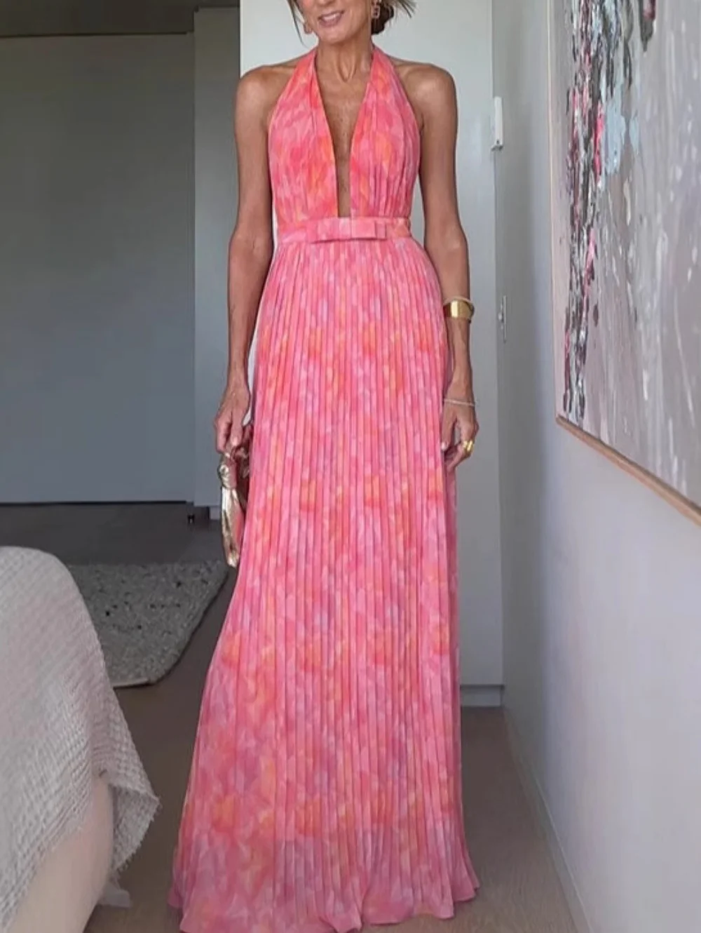 

Women's Summer Floral Pleated Halter Dress Sexy Sleeveless Backless Dress Long Slim Vacation Dresses