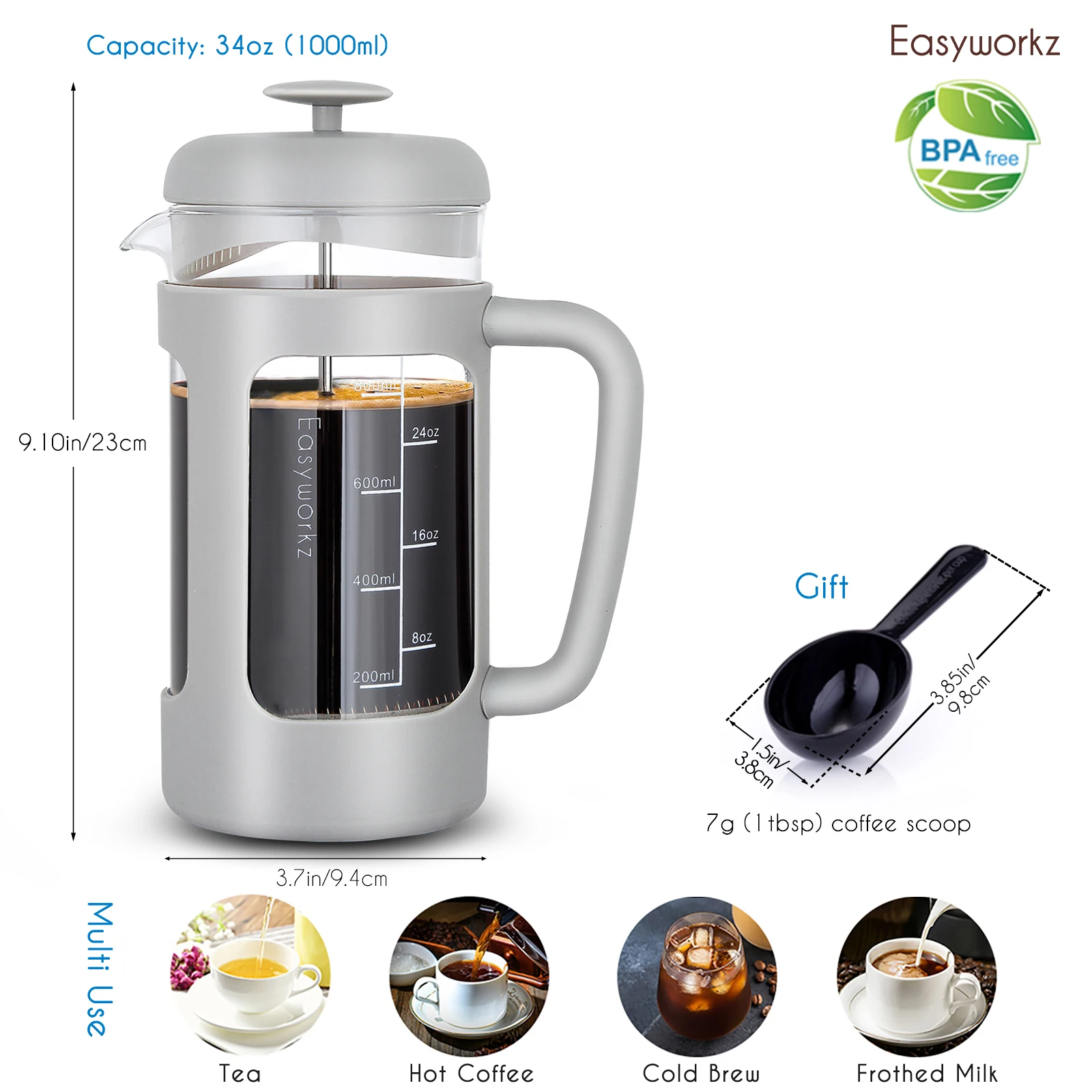 Easyworkz French Press  Coffee Tea Maker with Borosilicate Glass,Soft Grip Handle