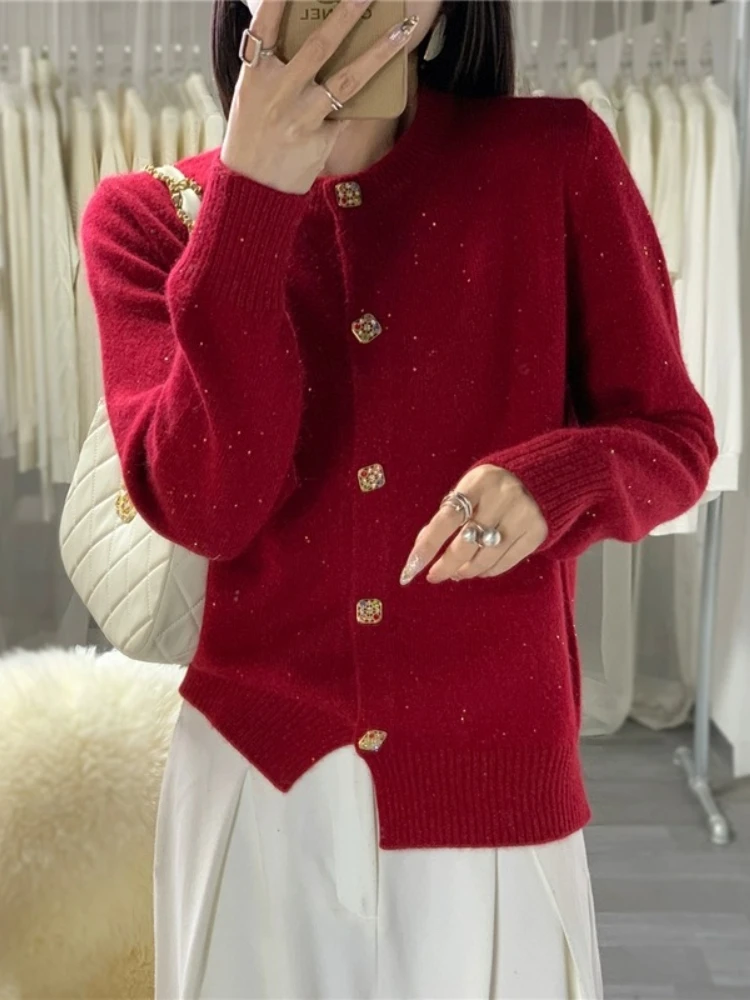 2024 Korean Style Solid Knitted Cardigan Women Loose Diamond Button O-neck Sweater Short Jacket Winter Warm Casual Knitted Coat