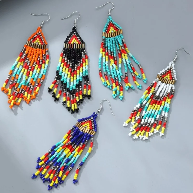 New Bohemian Large Long Tassel Beaded Dangle Earrings Handmade Boho Statement Big Fringe Earrings for Women