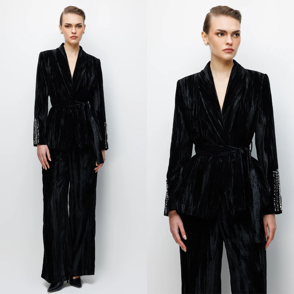 Elegant Women's Evening Dresses Beads Suit Gowns Shawl Collar Jacket and Pants For Female Satin 2 Pieces Suit Customized W7312