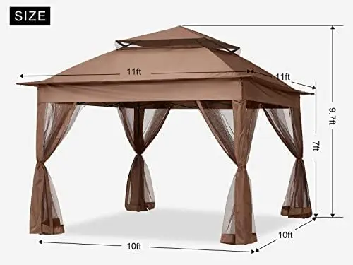 11 x 11 ft Pop Up Gazebo with Mesh Walls, Instant Portable Outdoor Canopy Tent for Backyard & Patio, Brown