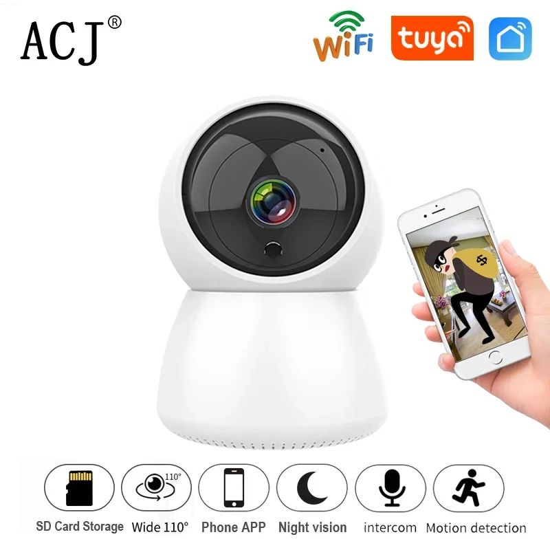 

ACJ Tuya WiFi Indoor Camera 1080P HD PTZ Surveillance Night Vision Camera Baby Monitor Home Burglar Security Alarm 200W