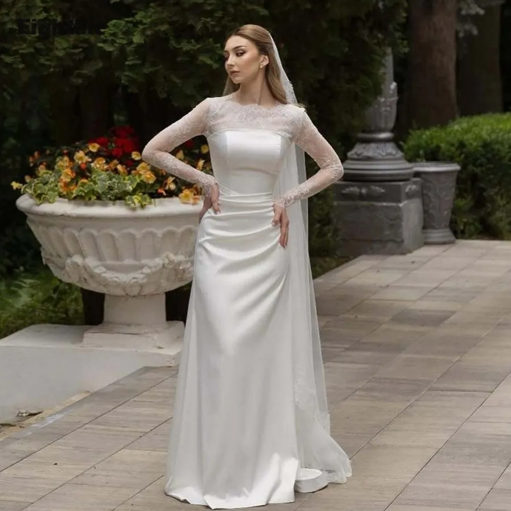 فساتين زفاف عربية Eightale رقبة دائرية دانتيل مخصصة من الساتان بأكمام طويلة عاجية حورية البحر زي العرائس Vestidos De Novia