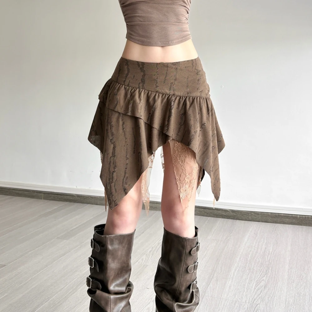 SylCue ตาข่าย Patchwork Mini กระโปรงผู้หญิงเอวยางยืดไม่สม่ําเสมอ Ruched Ruffles High Street สไตล์สบายๆคลาสสิก Bottoms