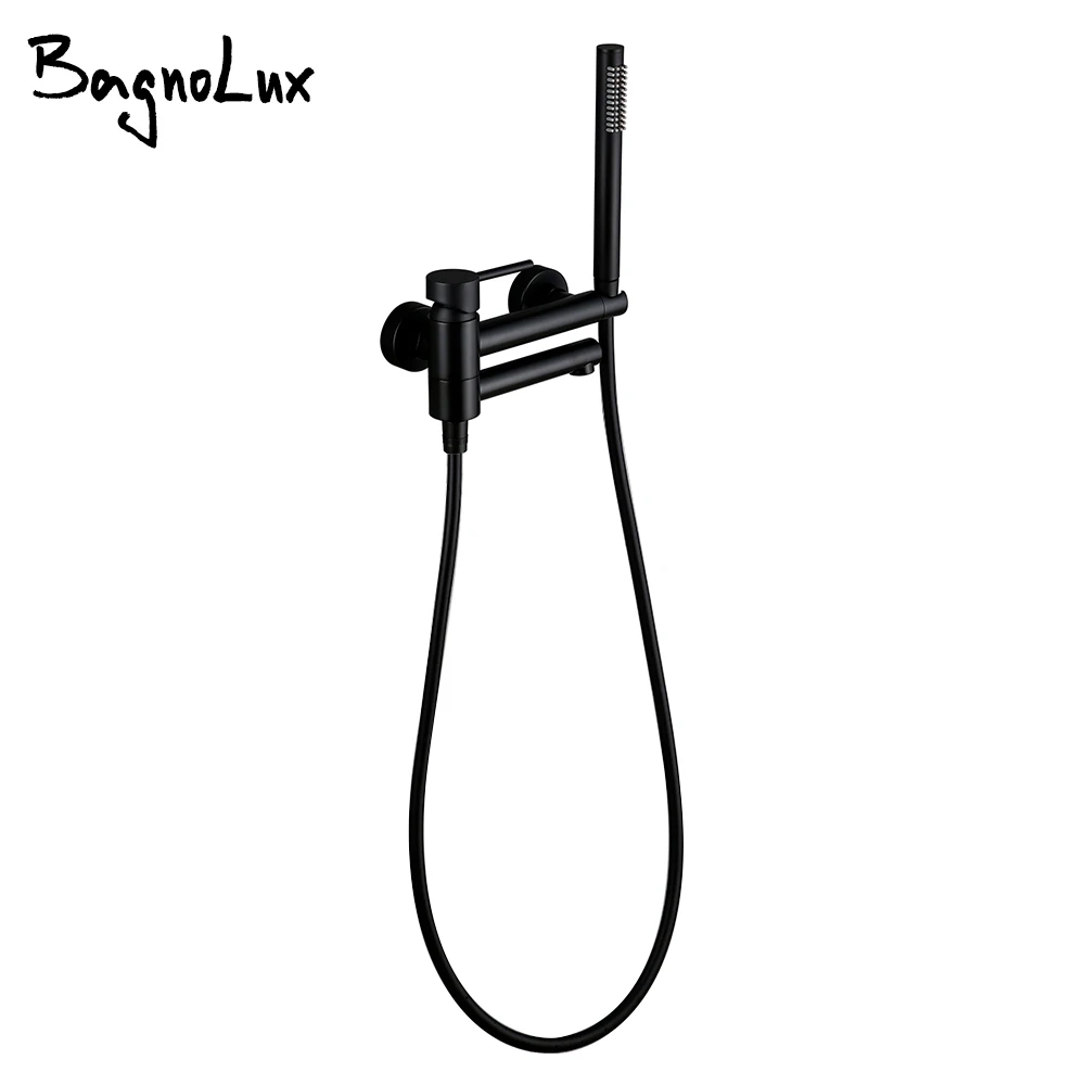 Bagnolux Brass Black Wall-Mounted Hot and Cold Mixed Type Bathtub Spout Hand Spray Shower Seat Bathroom Faucet