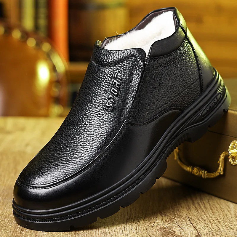 Top Quality Winter High Top Fur Shoes Genuine Leather Boots 2026 Casual Slip on Business Warm Thick Plush Ankle Boots Father