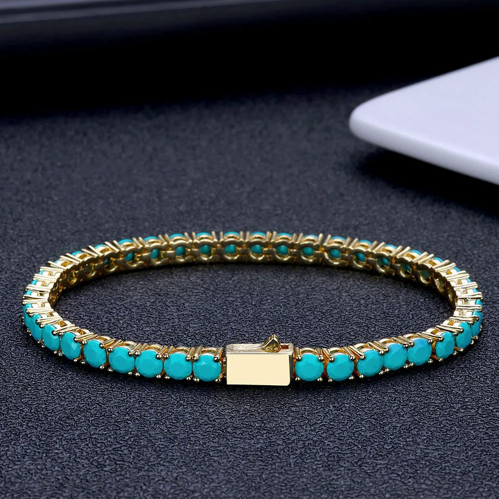 

ESKEEM Fashion Jewelry 4mm Blue Turquoise Tennis Bracelet 18K Gold Plated Iced out Tennis Chain for Men Women Gift ﻿