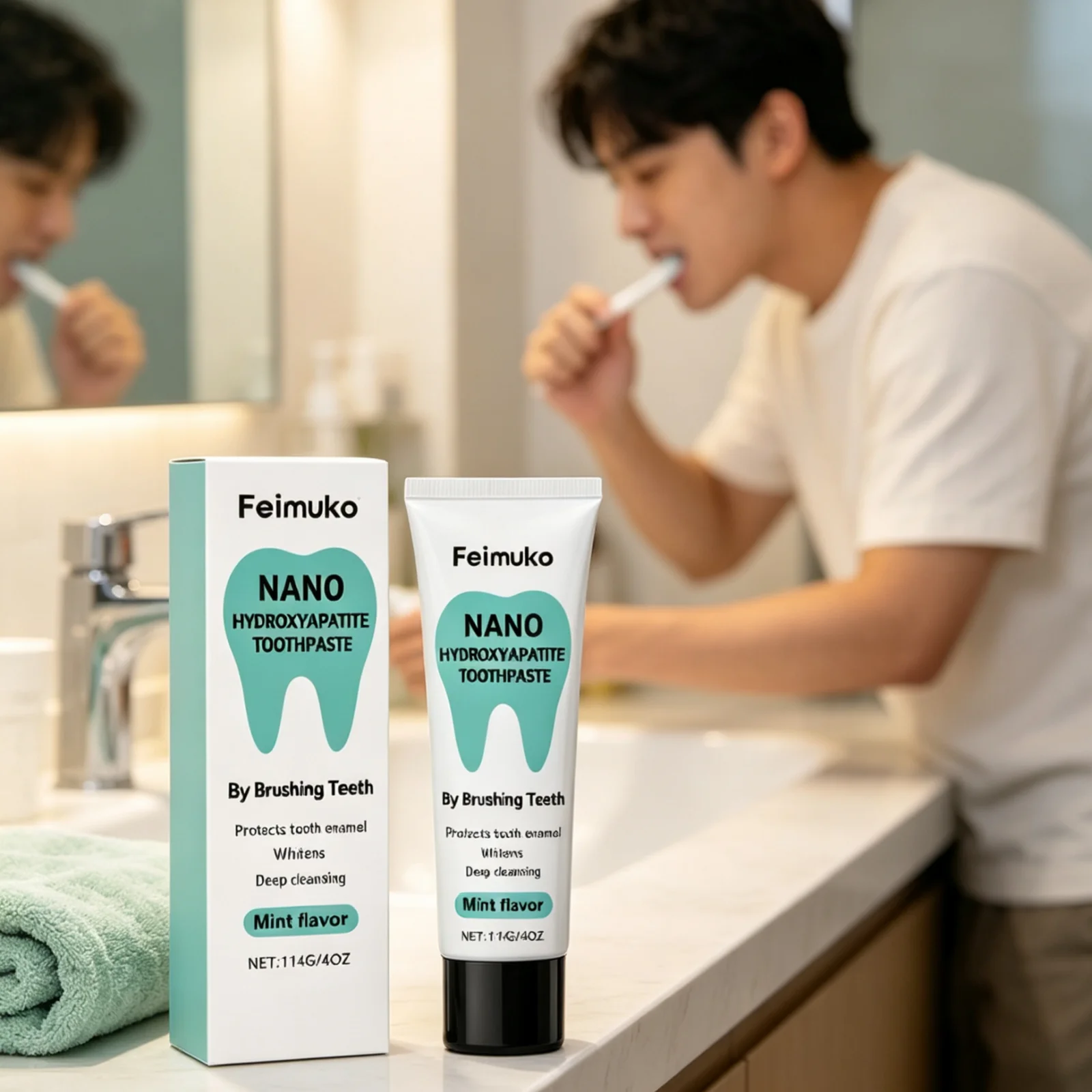 Feimuko Oral Care Toothpaste Deep Cleansing Long Lasting Fresh Breath Refreshing Mint Brighten Tooth Whitening Toothpaste 114g