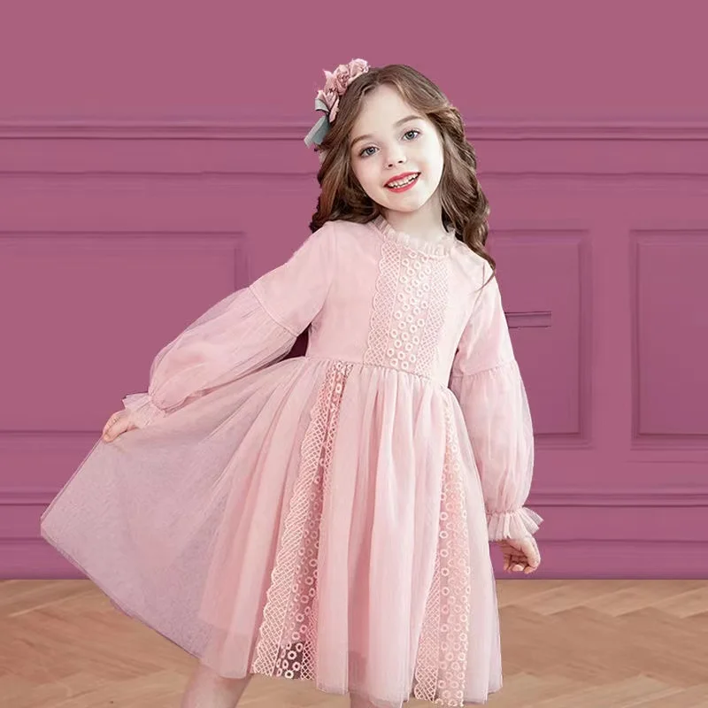 Spring Autumn Kids Girls Dresses Lantern Sleeve Lace Princess Dress Pearl Sweet O-neck Mesh Party Children\'s Clothing Vestidos