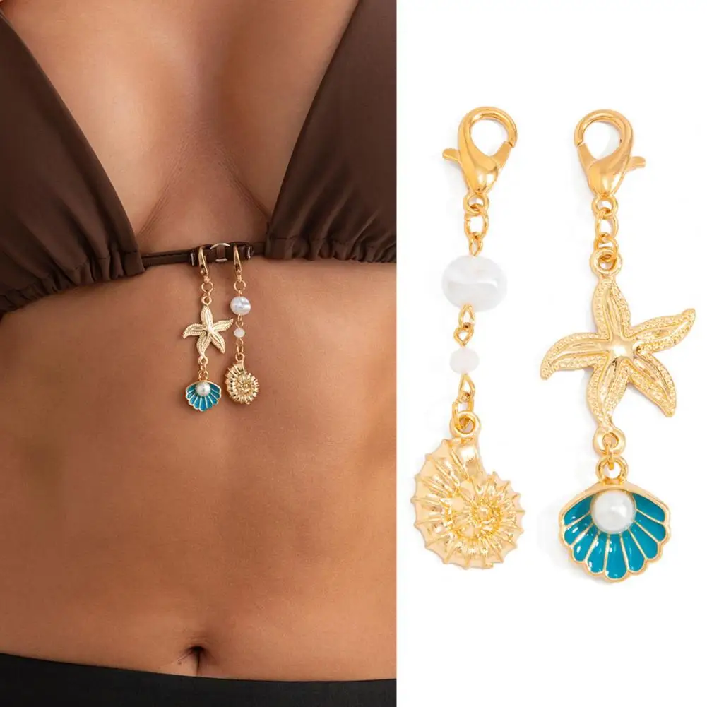 2Pcs/Set Bikini Hanging Chain, Ocean Theme Keychain Pendant with Oil Drip Shell Imitation Pearls Starfish Conch Pendant, Sexy Be