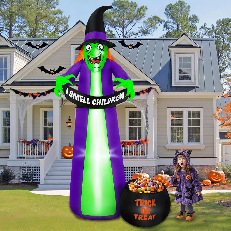 Bruja inflable de Halloween de 8 pies, decoraciones al aire libre con caldero de caramelo, bruja que sopla aterradora, mantiene el olor, pancarta inflable Hal