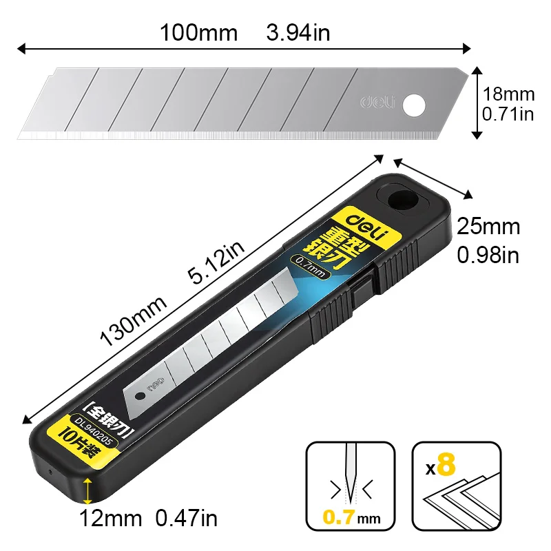 Cuchillas de repuesto para cuchillo multiusos DELI de 18 mm, fabricadas en acero aleado, 0,7 mm de grosor, 60 unidades. ° Cuchillas Desprendibles para Cuchillo de Caja, Manualidades DIY